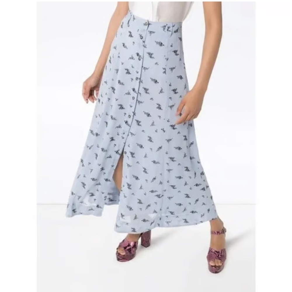 GANNI Printed Georgette Button-front Midi Skirt In Blue L